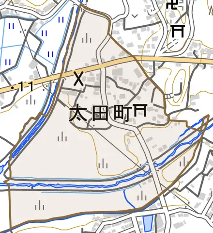 太田町とその周辺の地図。町の範囲を重ねている