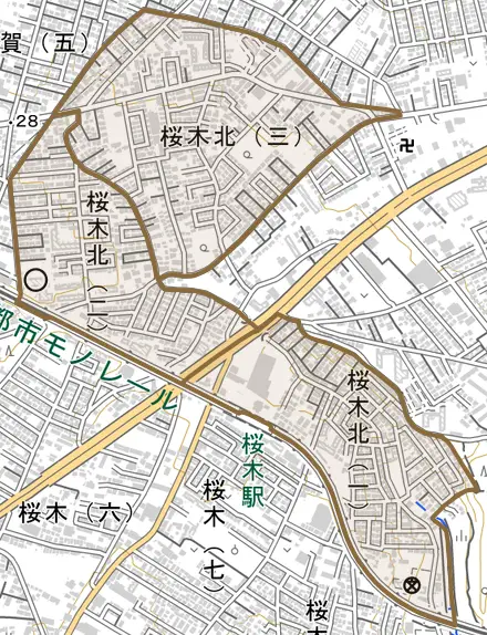 桜木北とその周辺の地図。町の範囲を重ねている