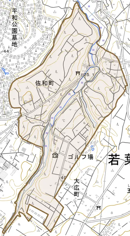 佐和町とその周辺の地図。町の範囲を重ねている