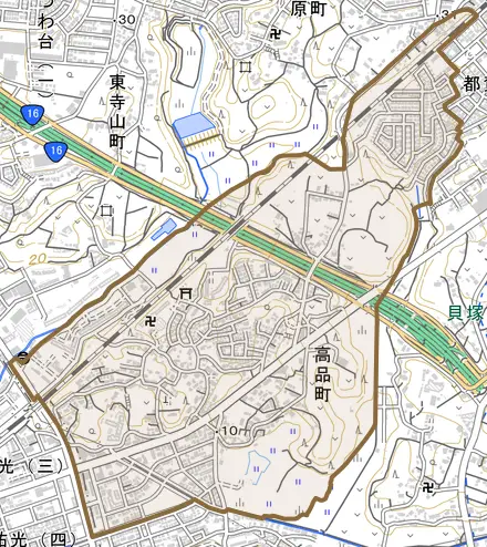 高品町とその周辺の地図。町の範囲を重ねている