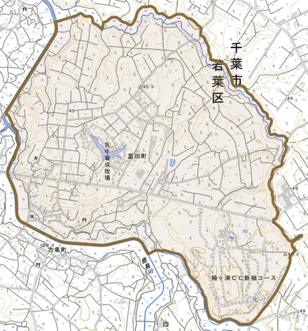 富田町とその周辺の地図。町の範囲を重ねている