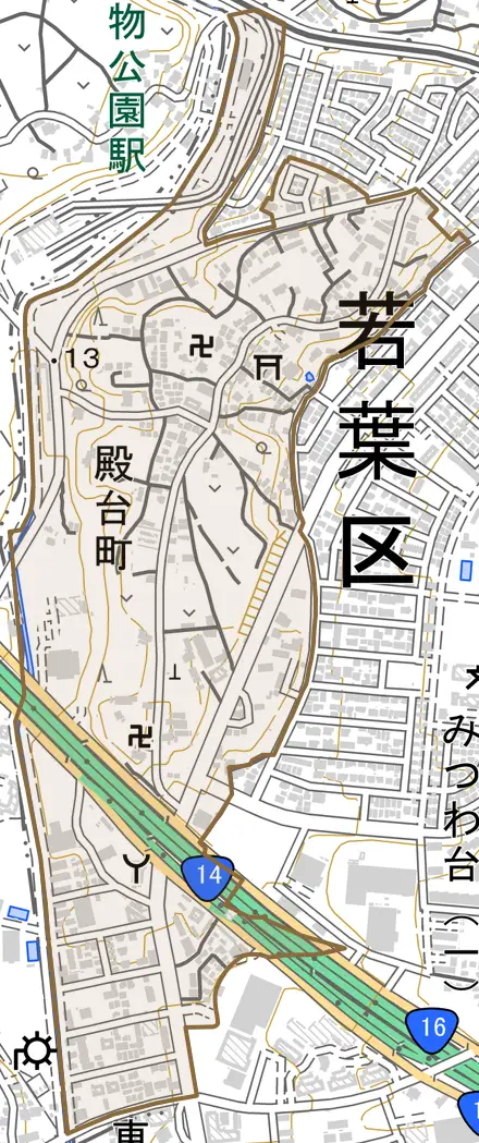 殿台町とその周辺の地図。町の範囲を重ねている