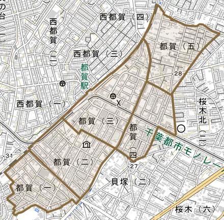 都賀とその周辺の地図。町の範囲を重ねている
