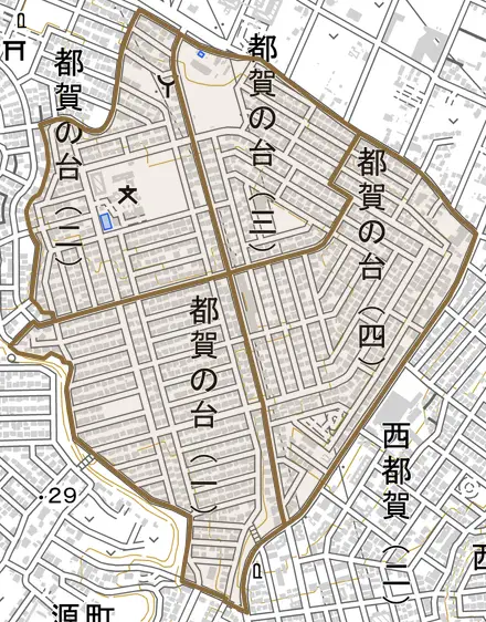 都賀の台とその周辺の地図。町の範囲を重ねている