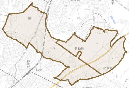 若松町とその周辺の地図。町の範囲を重ねている