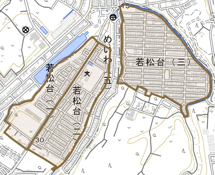 若松台とその周辺の地図。町の範囲を重ねている