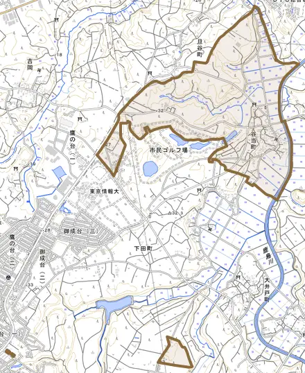 谷当町とその周辺の地図。町の範囲を重ねている