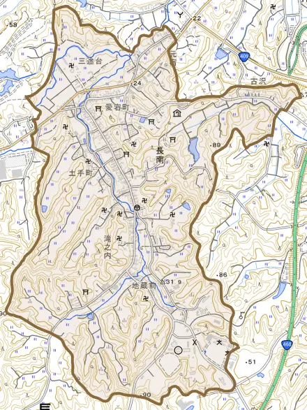 長南とその周辺の地図。町の範囲を重ねている