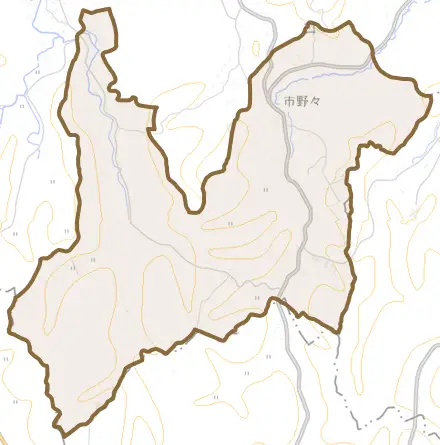 市野々とその周辺の地図。町の範囲を重ねている