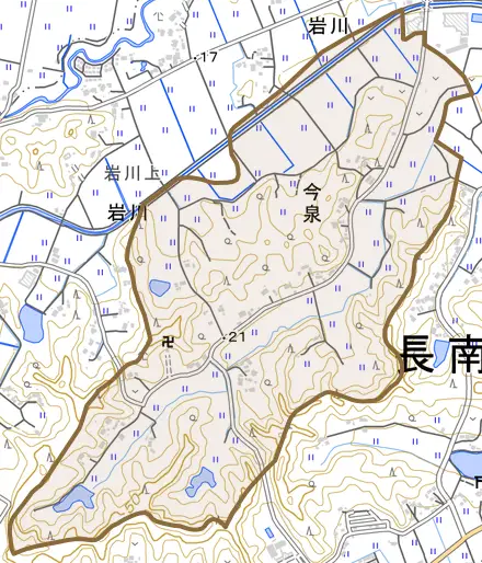 今泉とその周辺の地図。町の範囲を重ねている