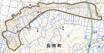 岩川とその周辺の地図。町の範囲を重ねている