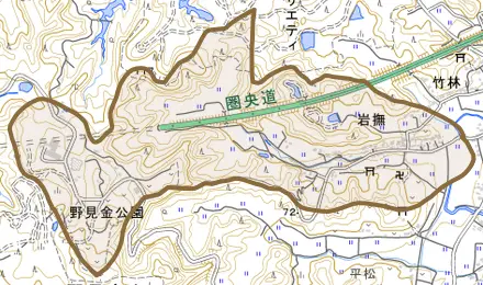 岩撫とその周辺の地図。町の範囲を重ねている