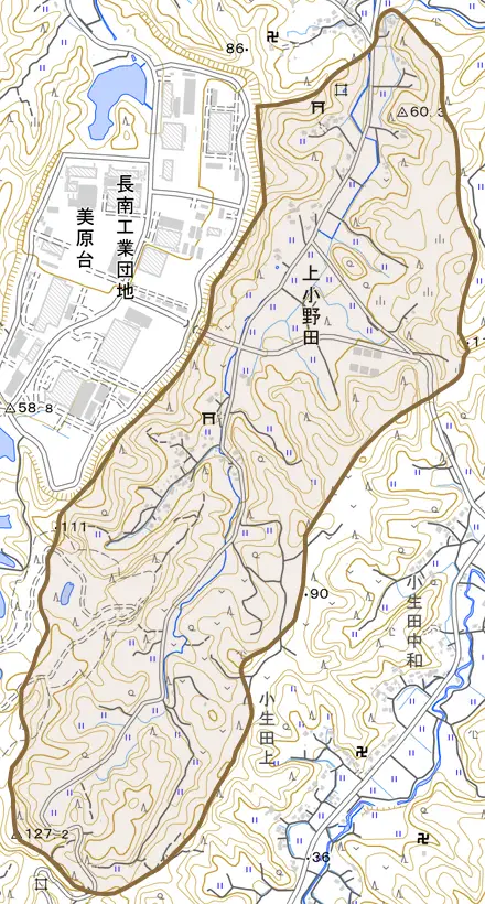 上小野田とその周辺の地図。町の範囲を重ねている