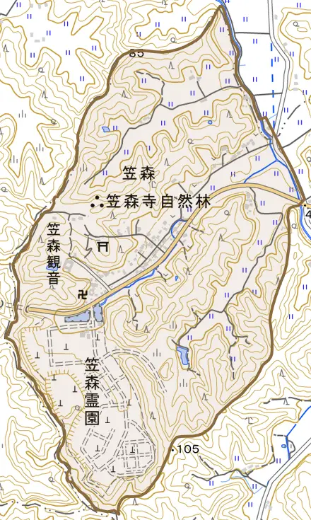 笠森とその周辺の地図。町の範囲を重ねている