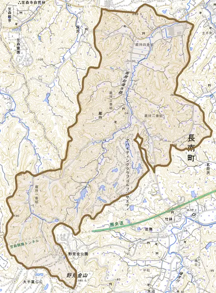 蔵持とその周辺の地図。町の範囲を重ねている