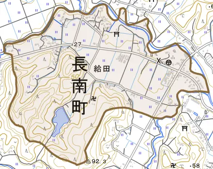給田とその周辺の地図。町の範囲を重ねている
