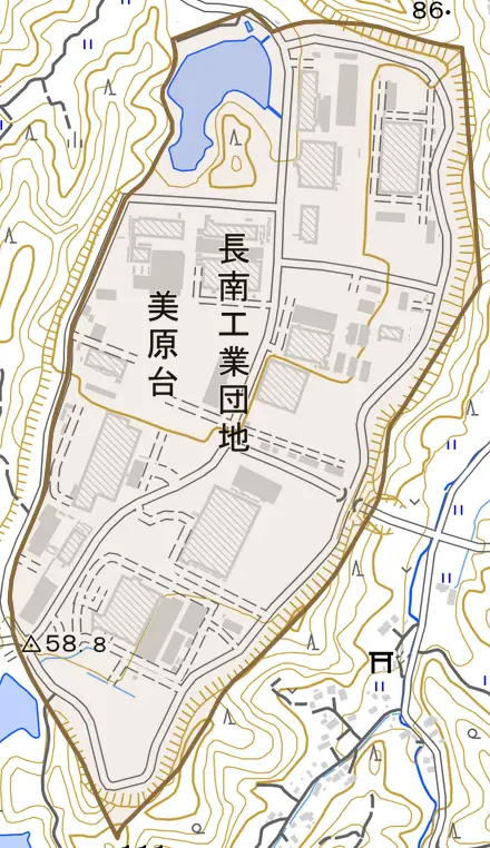 美原台とその周辺の地図。町の範囲を重ねている
