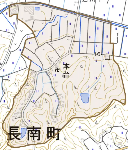 本台とその周辺の地図。町の範囲を重ねている