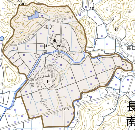 中原とその周辺の地図。町の範囲を重ねている