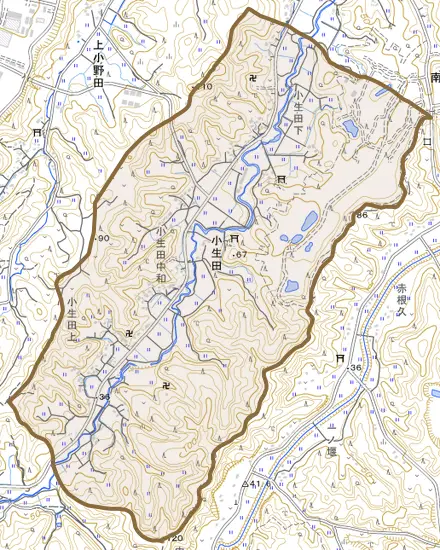 小生田とその周辺の地図。町の範囲を重ねている