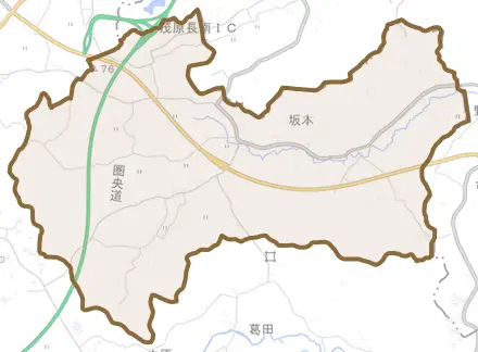 坂本とその周辺の地図。町の範囲を重ねている