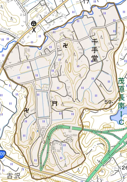 千手堂とその周辺の地図。町の範囲を重ねている