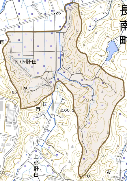 下小野田とその周辺の地図。町の範囲を重ねている