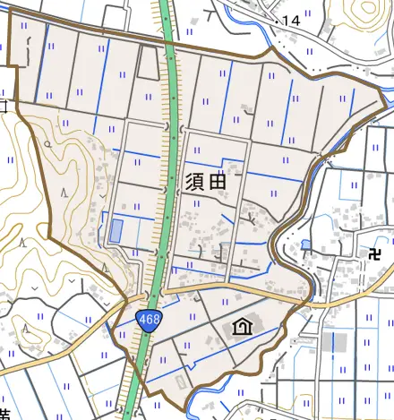 須田とその周辺の地図。町の範囲を重ねている