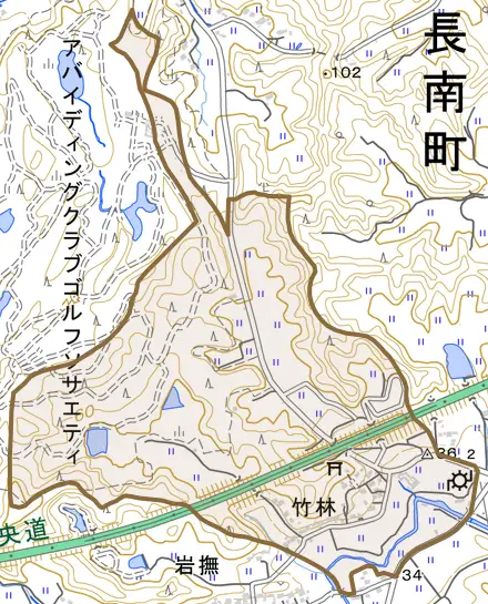 竹林とその周辺の地図。町の範囲を重ねている