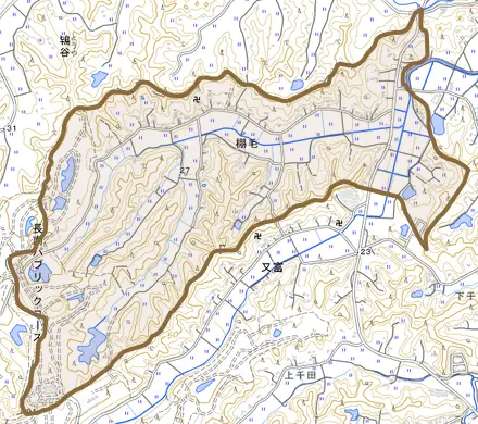 棚毛とその周辺の地図。町の範囲を重ねている