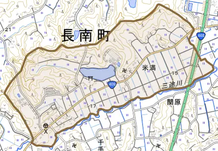 米満とその周辺の地図。町の範囲を重ねている