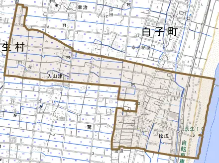 一松戊とその周辺の地図。町の範囲を重ねている