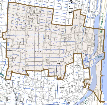 一松丙とその周辺の地図。町の範囲を重ねている