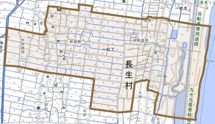 一松丁とその周辺の地図。町の範囲を重ねている