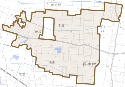 本郷とその周辺の地図。町の範囲を重ねている