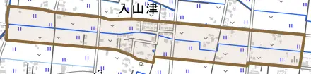 入山津とその周辺の地図。町の範囲を重ねている