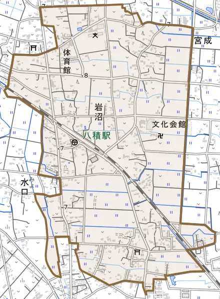 岩沼とその周辺の地図。町の範囲を重ねている