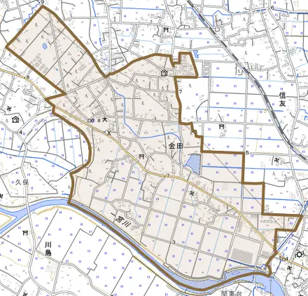金田とその周辺の地図。町の範囲を重ねている