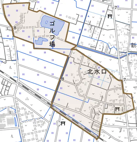 北水口とその周辺の地図。町の範囲を重ねている