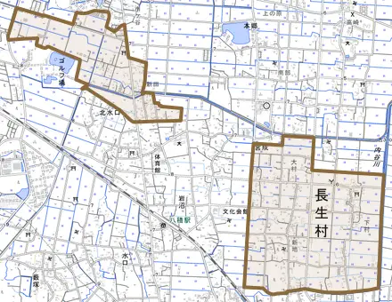 宮成とその周辺の地図。町の範囲を重ねている