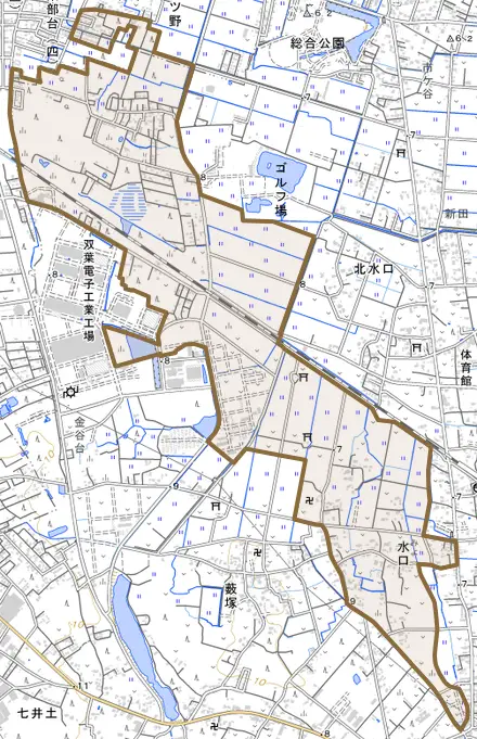 水口とその周辺の地図。町の範囲を重ねている