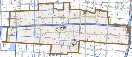 中之郷とその周辺の地図。町の範囲を重ねている