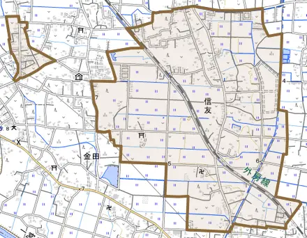 信友とその周辺の地図。町の範囲を重ねている