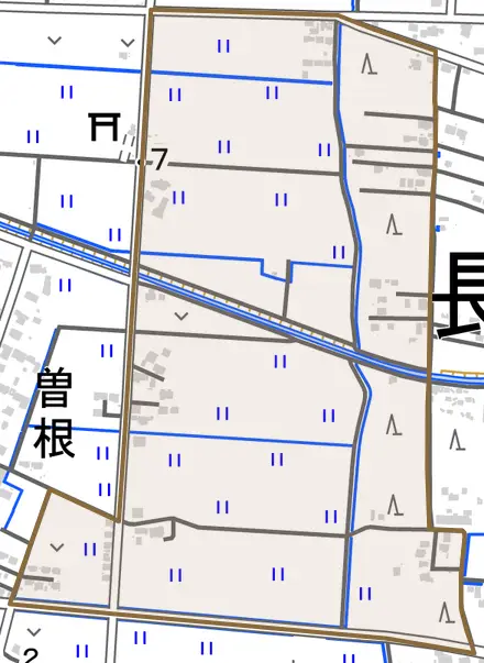 曽根とその周辺の地図。町の範囲を重ねている
