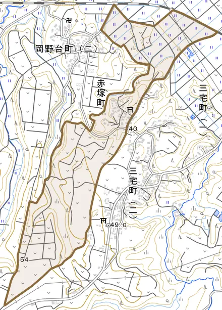 赤塚町とその周辺の地図。町の範囲を重ねている