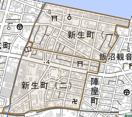 新生町とその周辺の地図。町の範囲を重ねている