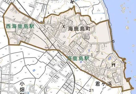 海鹿島町とその周辺の地図。町の範囲を重ねている
