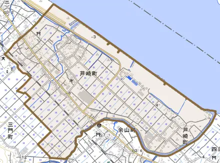 芦崎町とその周辺の地図。町の範囲を重ねている