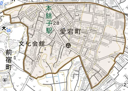 愛宕町とその周辺の地図。町の範囲を重ねている