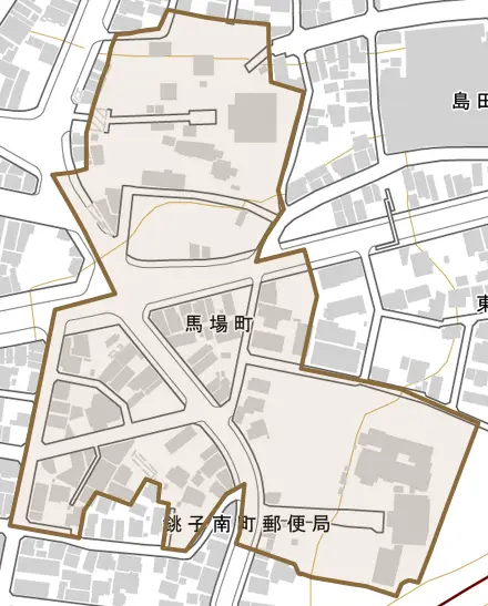 馬場町とその周辺の地図。町の範囲を重ねている